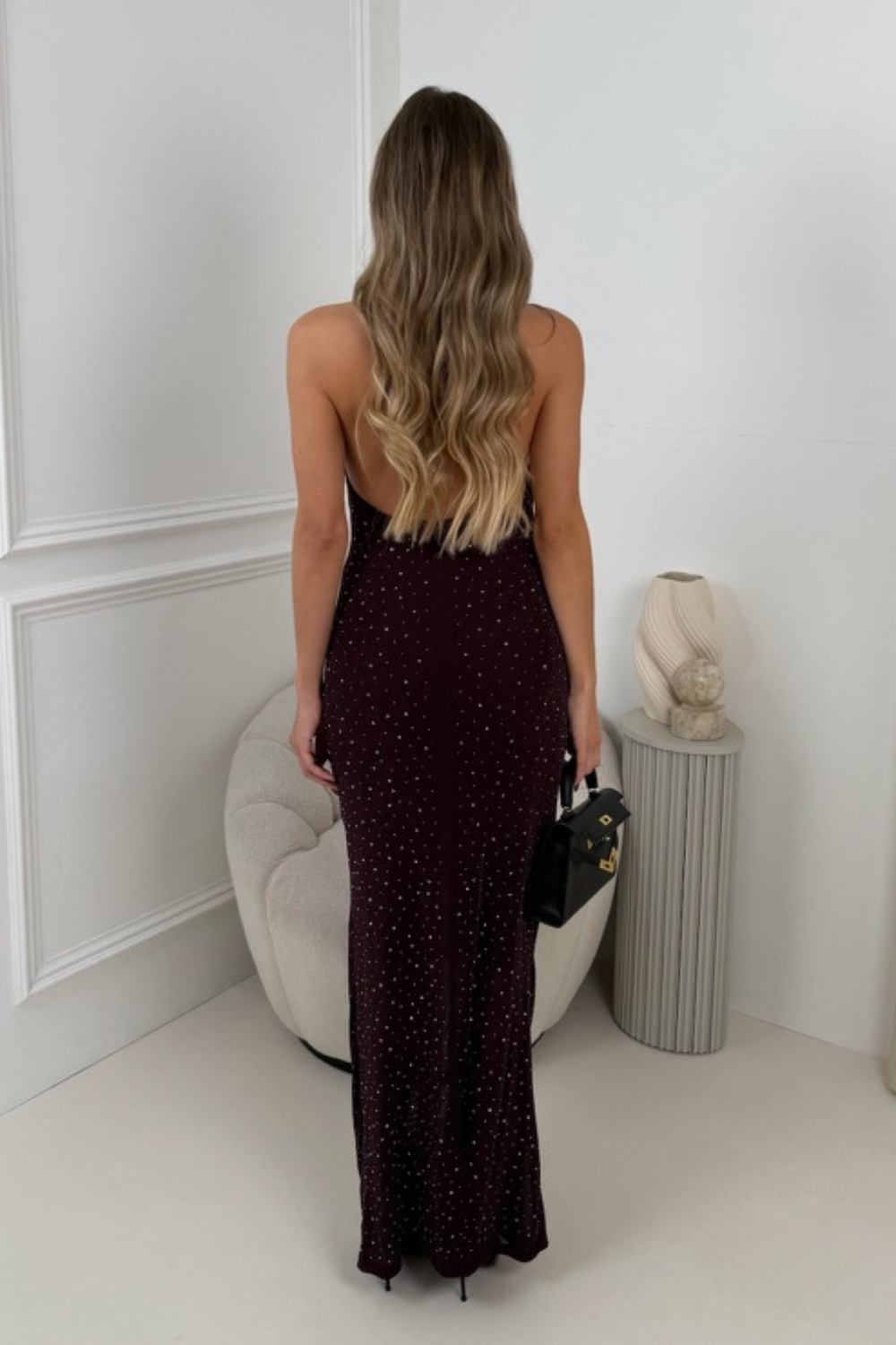 IRIS PLUM DIAMANTE HALTER NECK MAXI DRESS