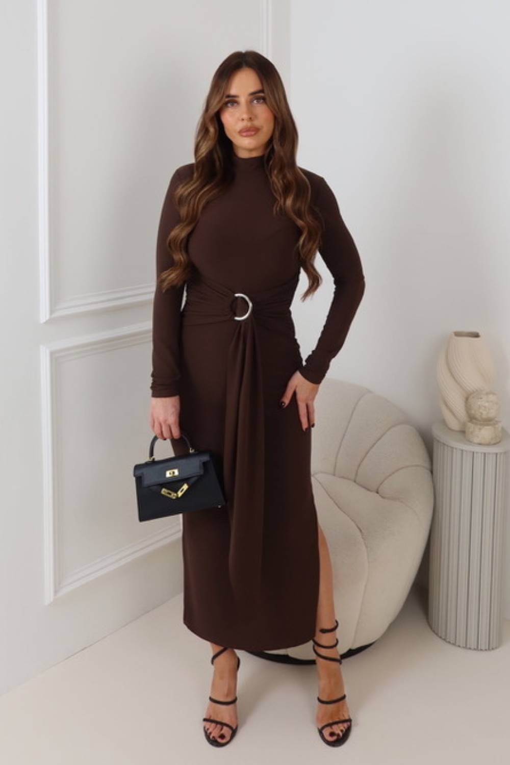 MERCY CHOCOLATE LONG HIGH NECK GOLD BUCKLE DRAPE DRESS