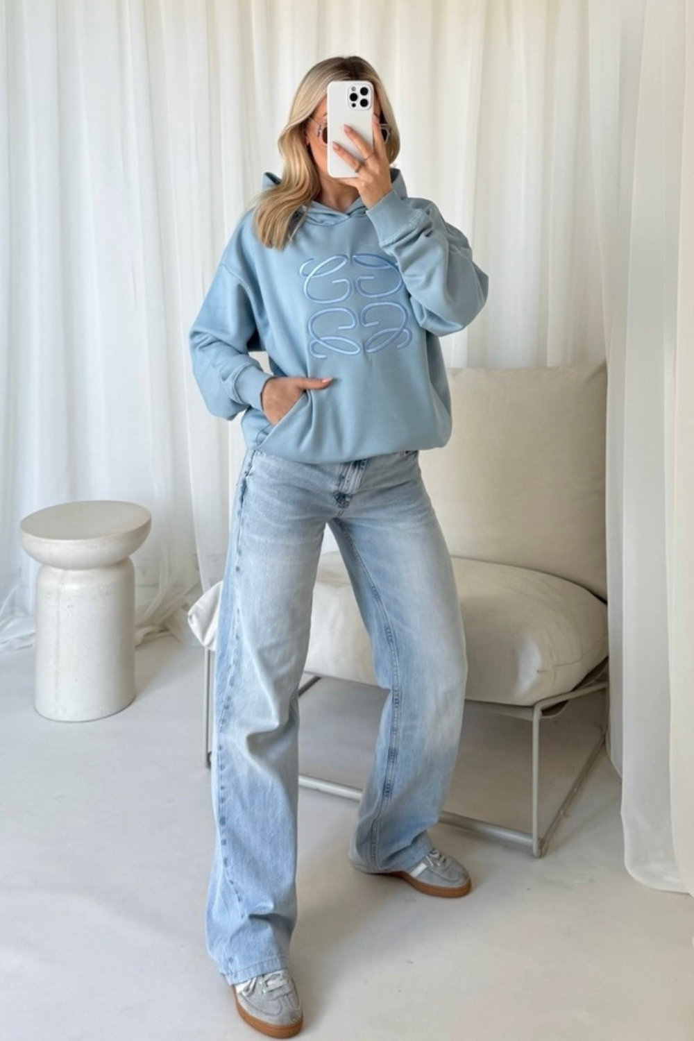 GeGe baby blue embroidered oversized hoodie