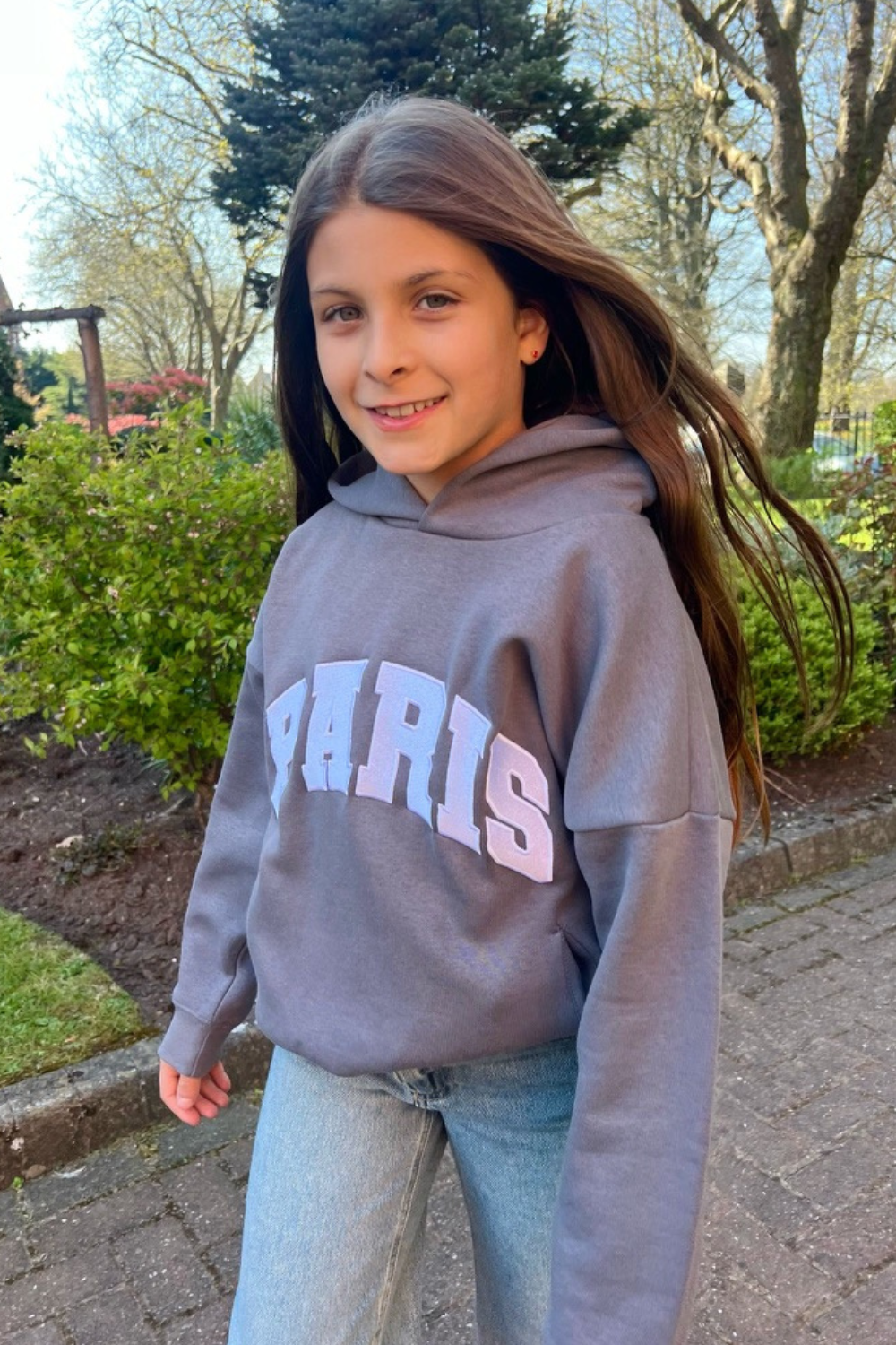 Mini Paris steel grey embroidered hoodie
