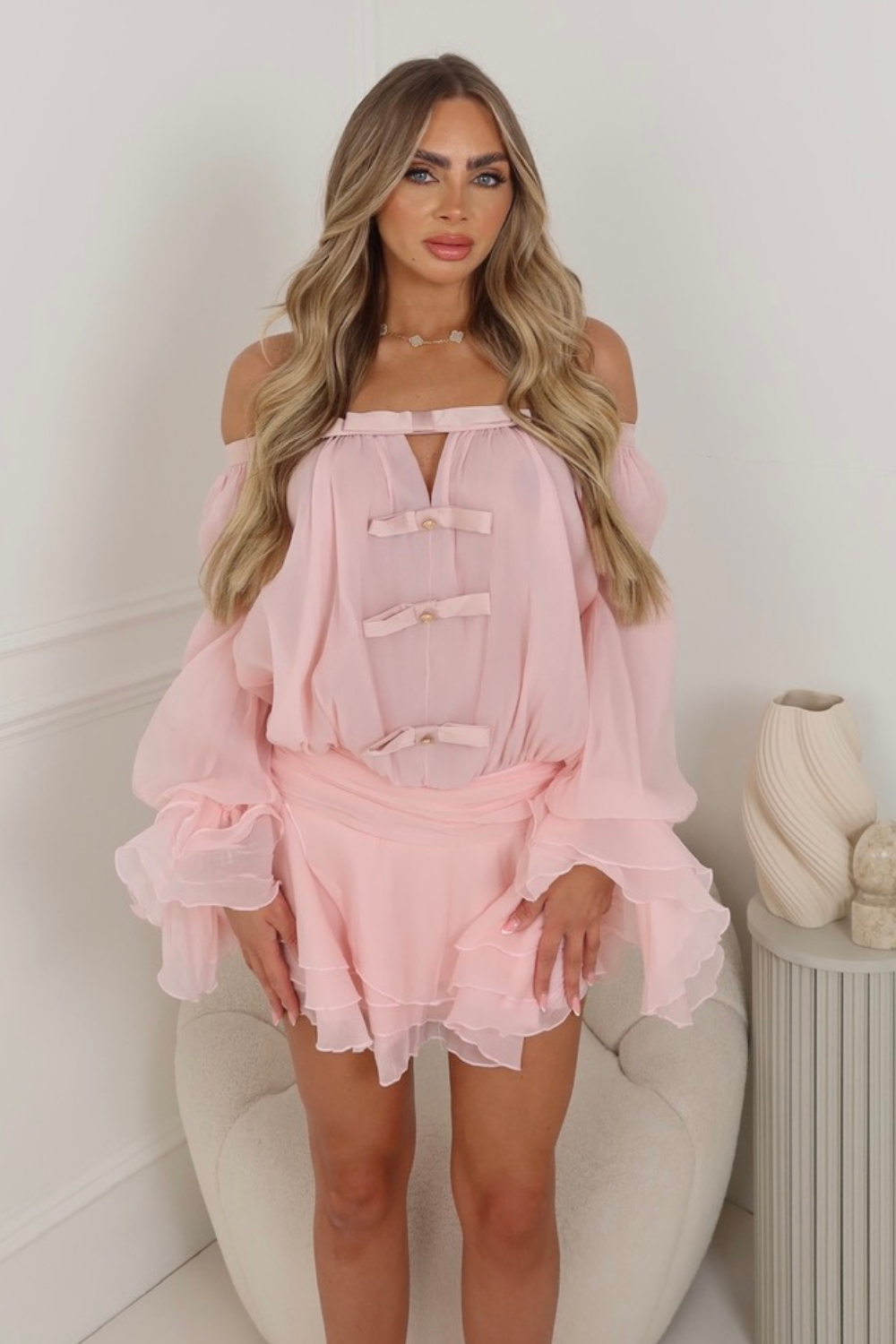 Talia pink bardot bow chiffon mini dress