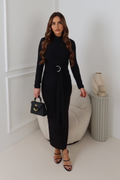 MERCY BLACK LONG HIGH NECK GOLD BUCKLE DRAPE DRESS