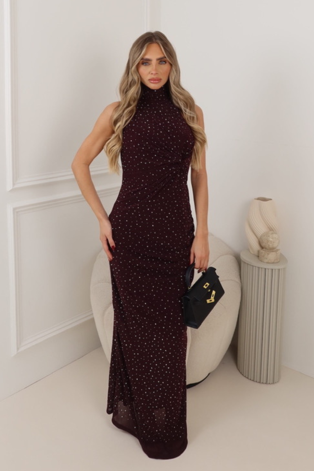 IRIS PLUM DIAMANTE HALTER NECK MAXI DRESS