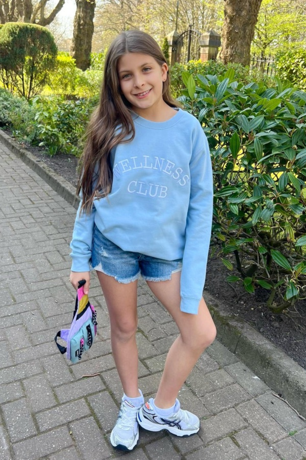 Mini wellness club blue embroidered sweater
