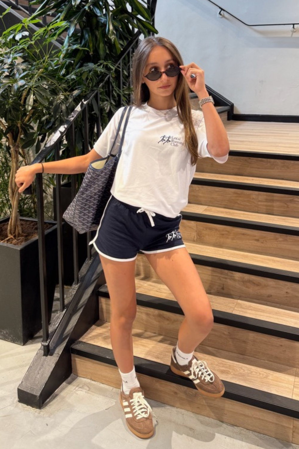 Mini run club white & navy printed t-shirt and mini shorts