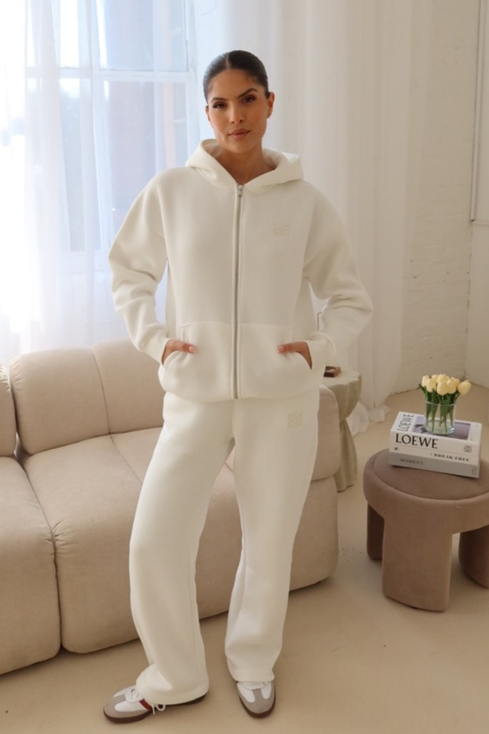 Ivory embroidered logo zip hoodie