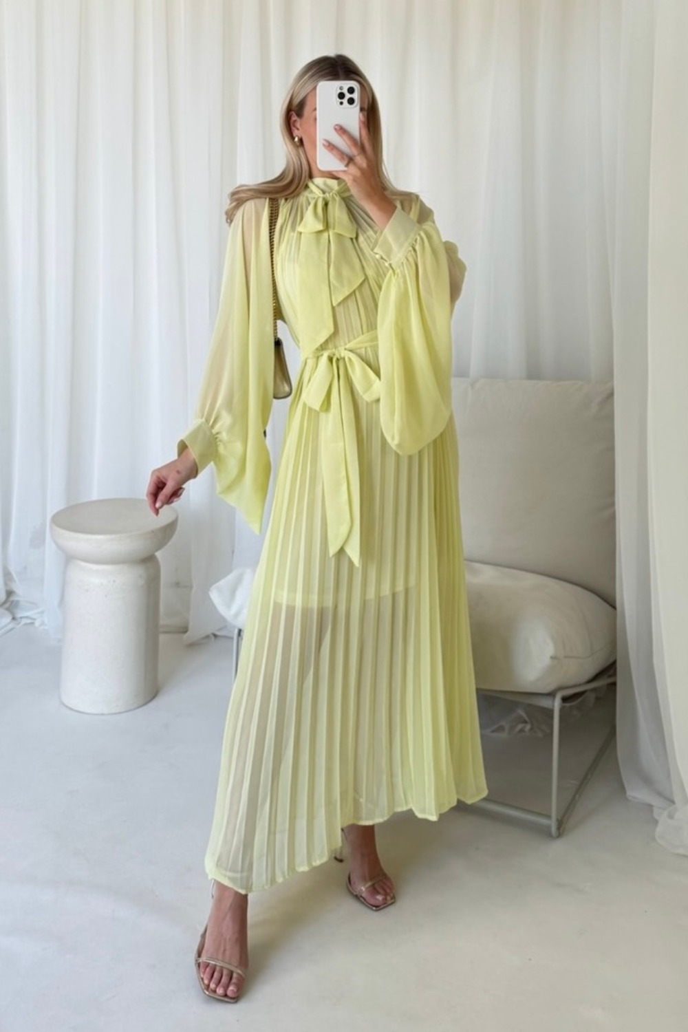Nancy yellow chiffon pleated maxi dress