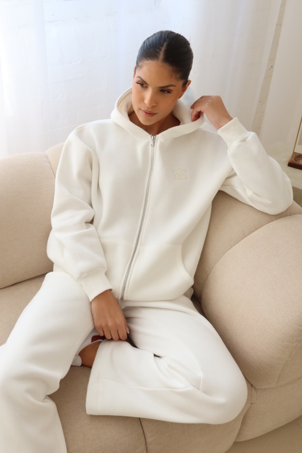 Ivory embroidered logo zip hoodie