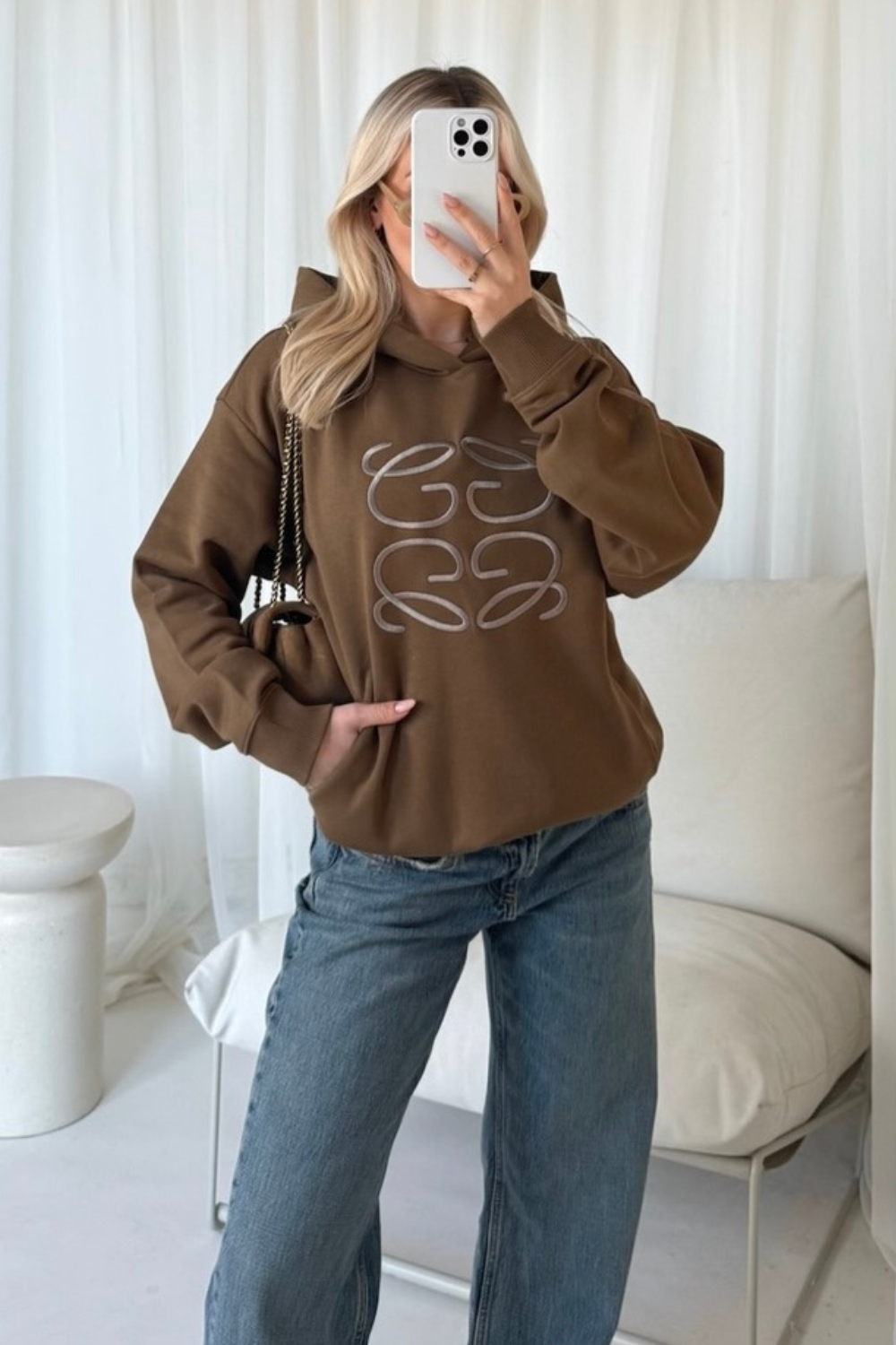 GeGe mocha embroidered oversized hoodie