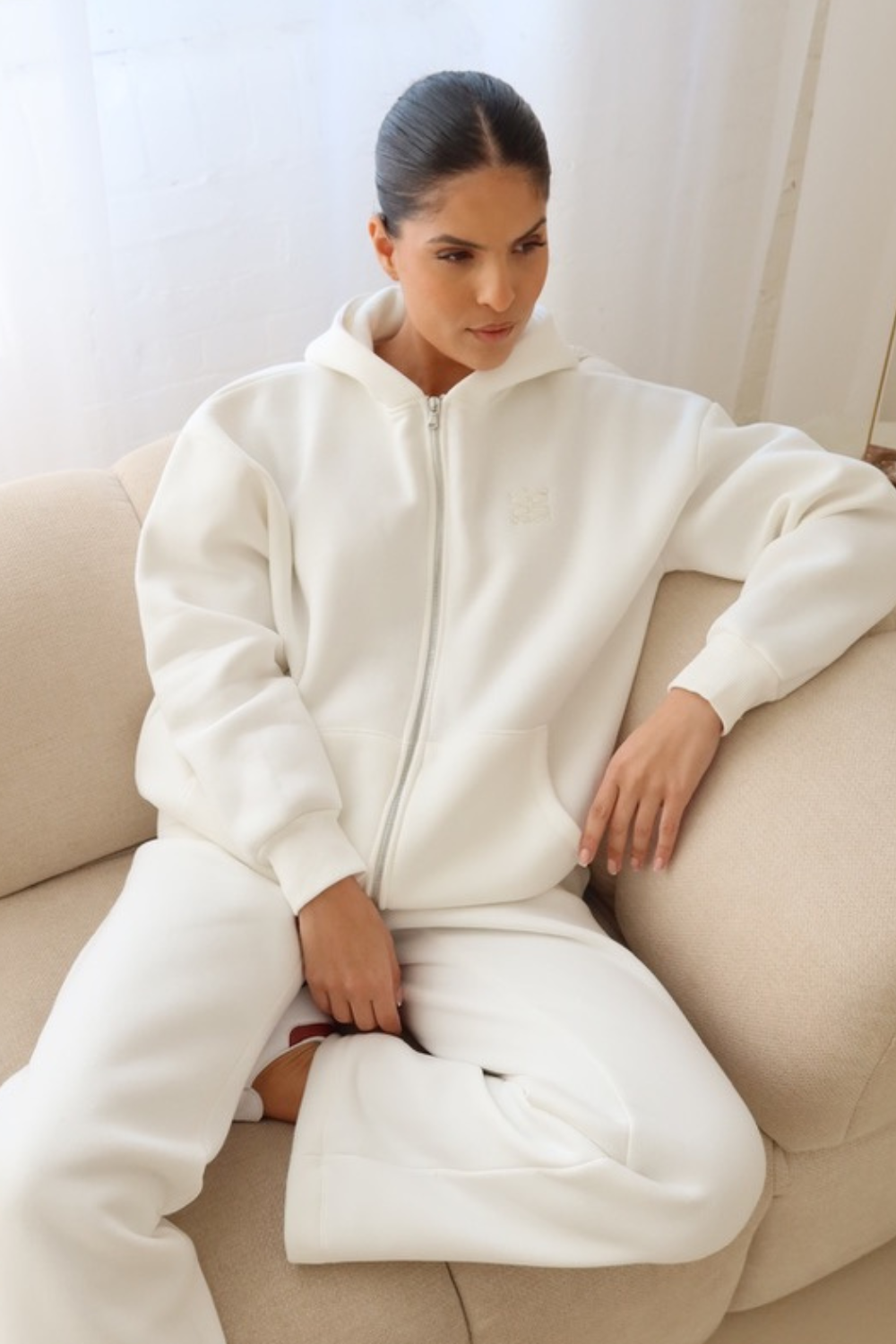 Ivory embroidered logo zip hoodie