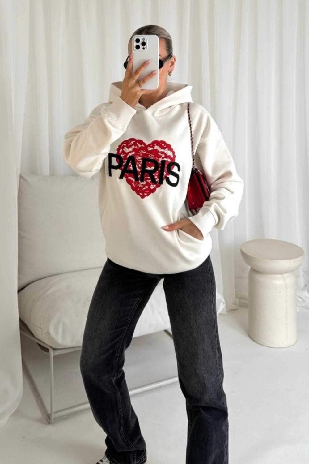 Paris ecru embroidered lace heart hoodie