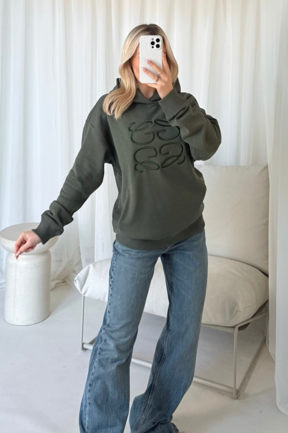 GeGe khaki embroidered oversized hoodie