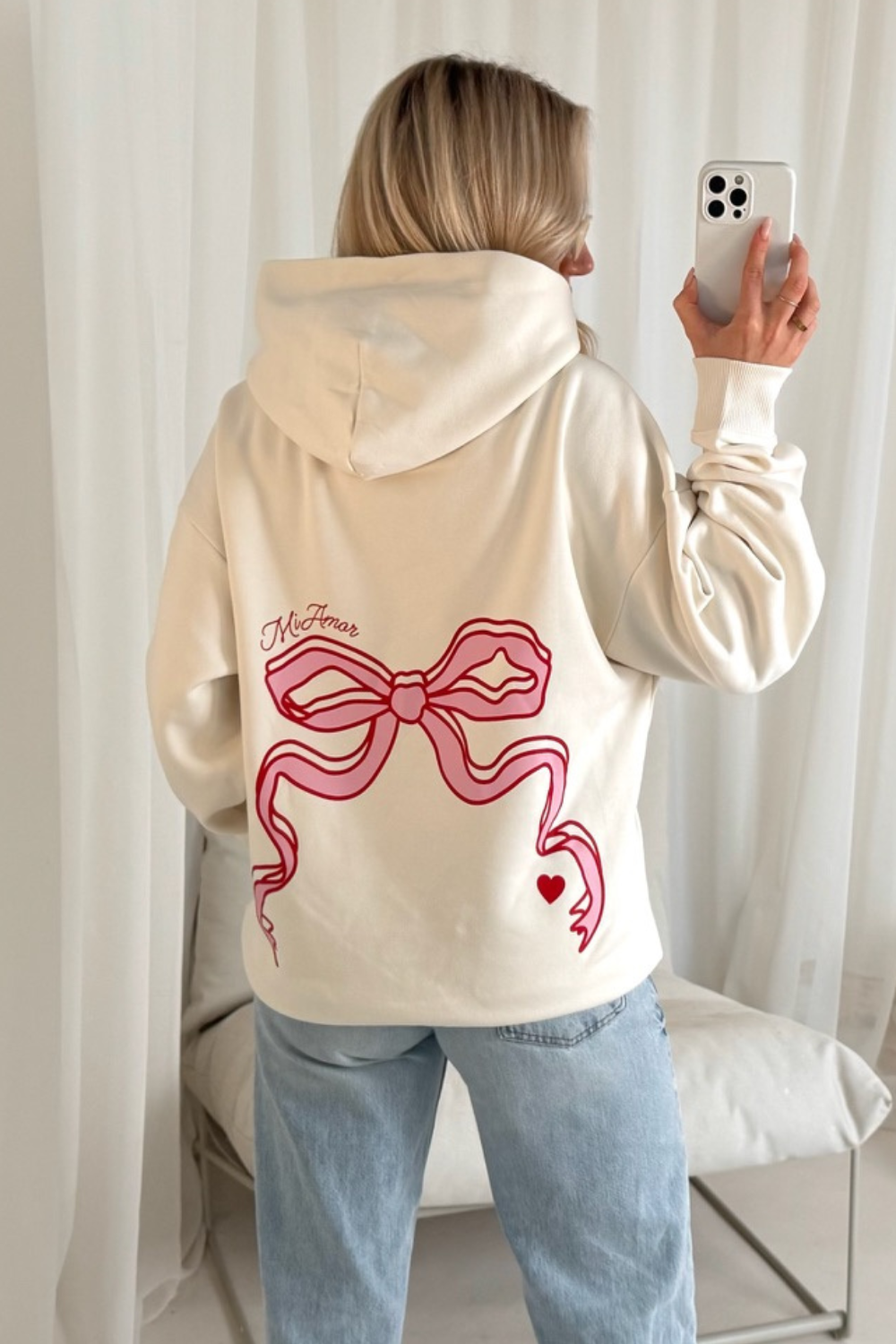 Bow printed ecru hoodie