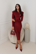 NIA BURGUNDY LONG SHOULDER PADDED DRESS
