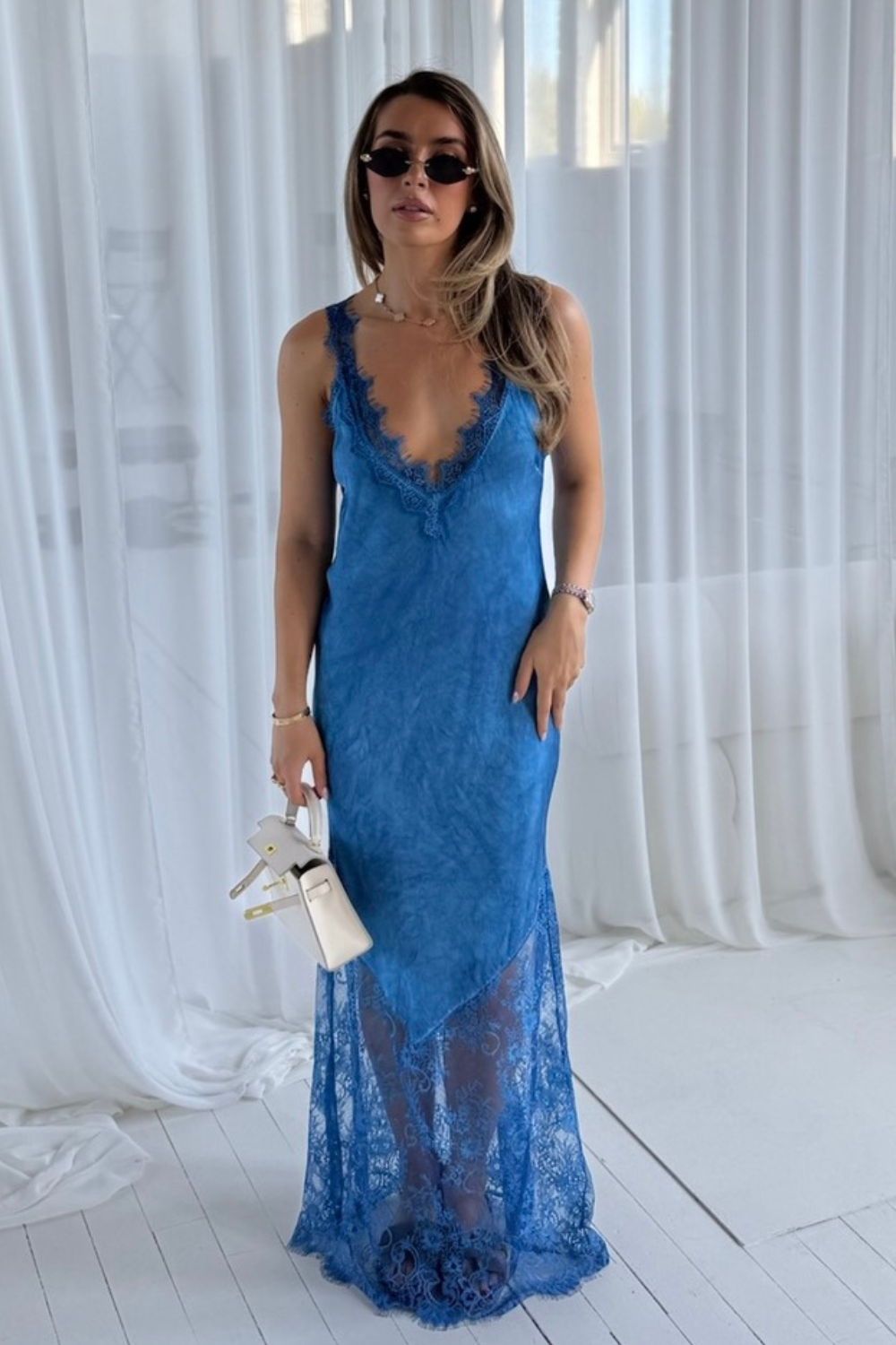 Tiah royal blue satin lace trim maxi dress