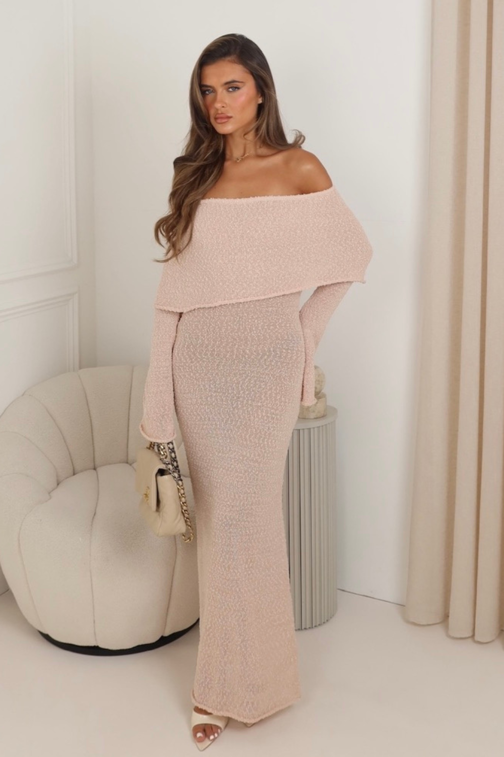 Hailey blush knit bardot maxi dress