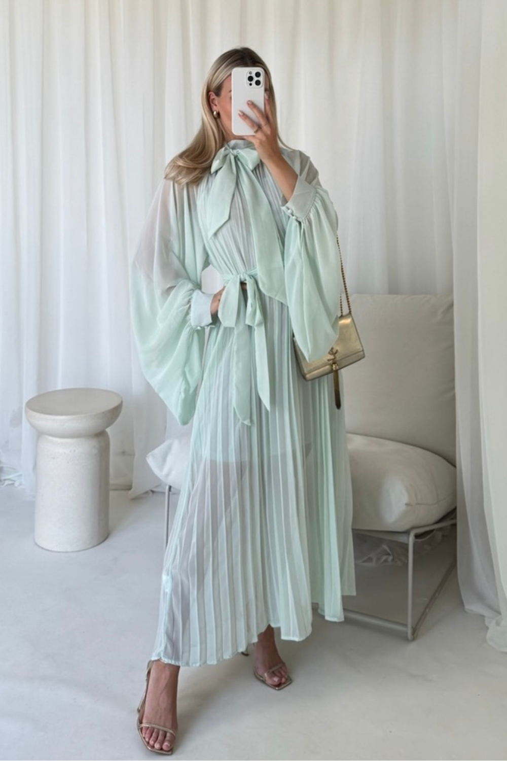 Nancy sage chiffon pleated maxi dress