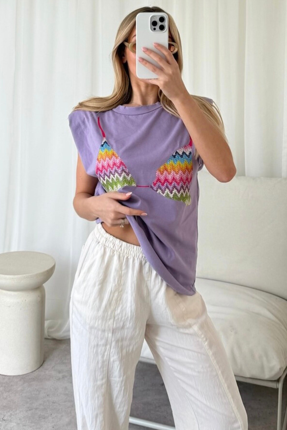 Zigzag bra printed lilac shoulder pad t-shirt