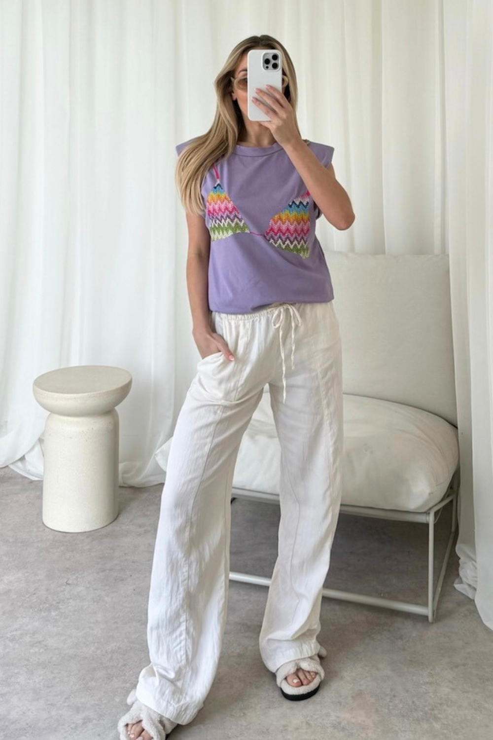 Zigzag bra printed lilac shoulder pad t-shirt