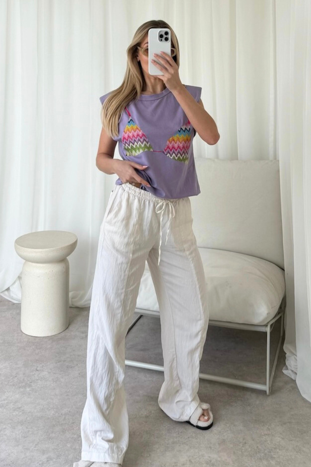 Zigzag bra printed lilac shoulder pad t-shirt