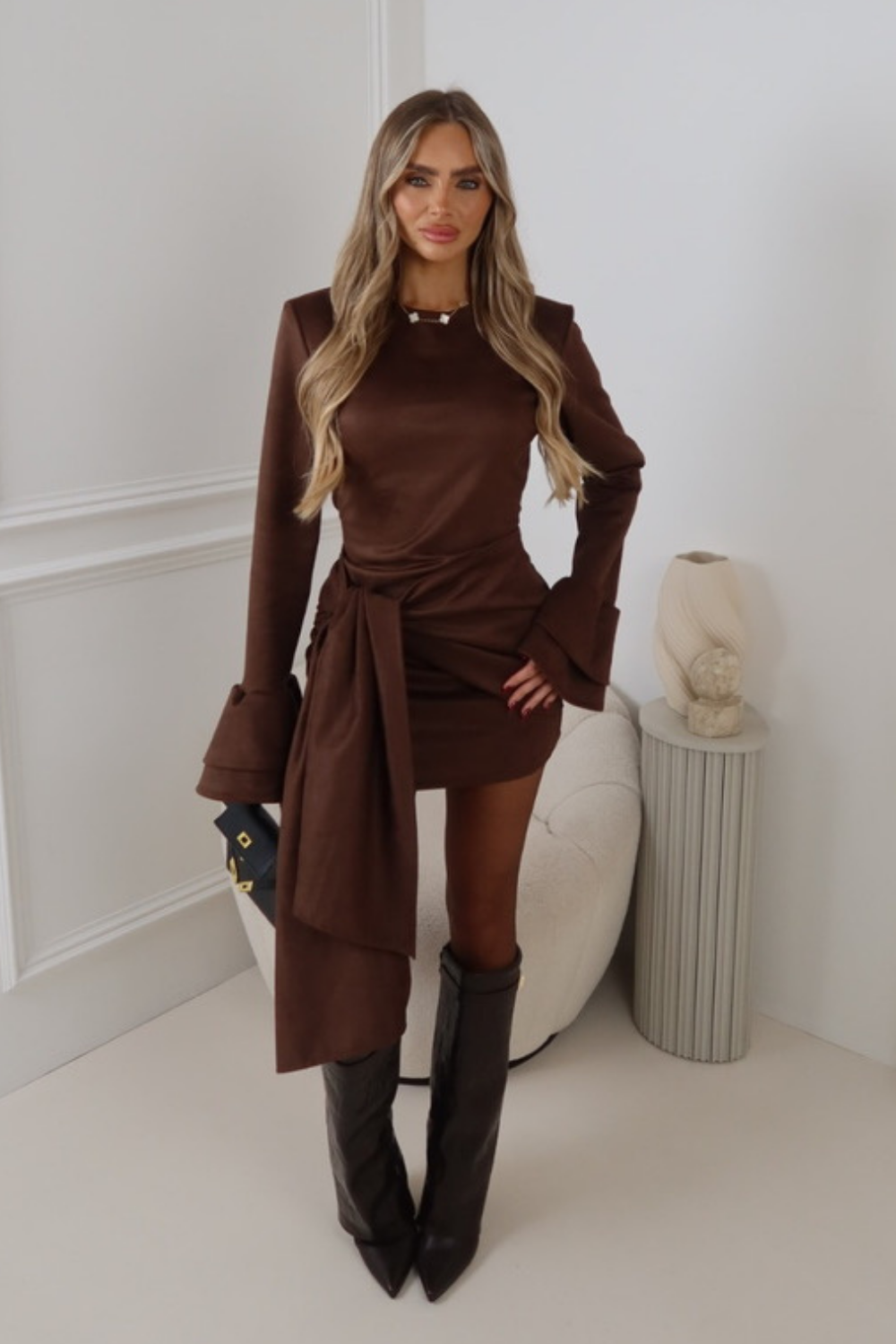 ANSLEY CHOCOLATE FAUX SUEDE LONG SLEEVE TIE FRONT DRESS