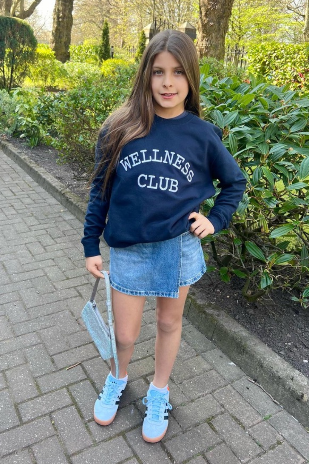 Mini wellness club navy embroidered sweater
