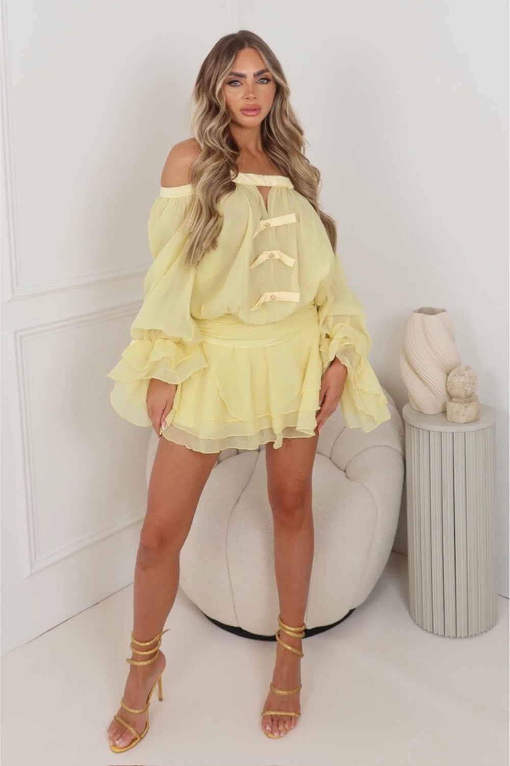 Talia lemon bardot bow chiffon mini dress