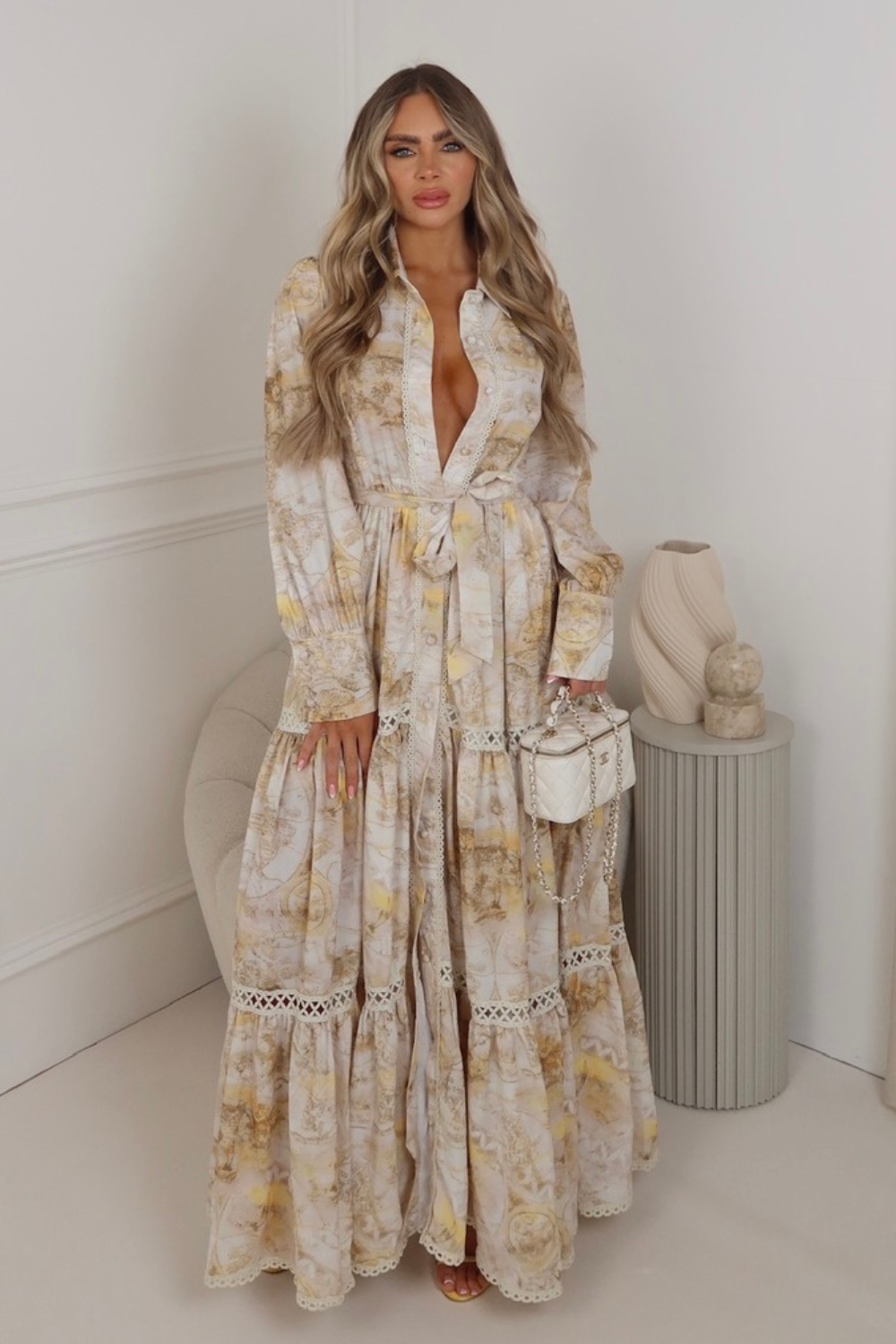 Laura beige a-line long sleeve patterned maxi dress
