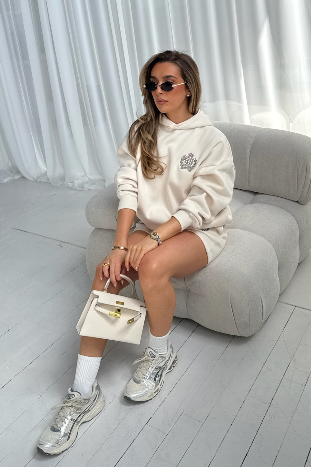 St Moritz ivory & taupe embroidered oversized hoodie shorts loungewear