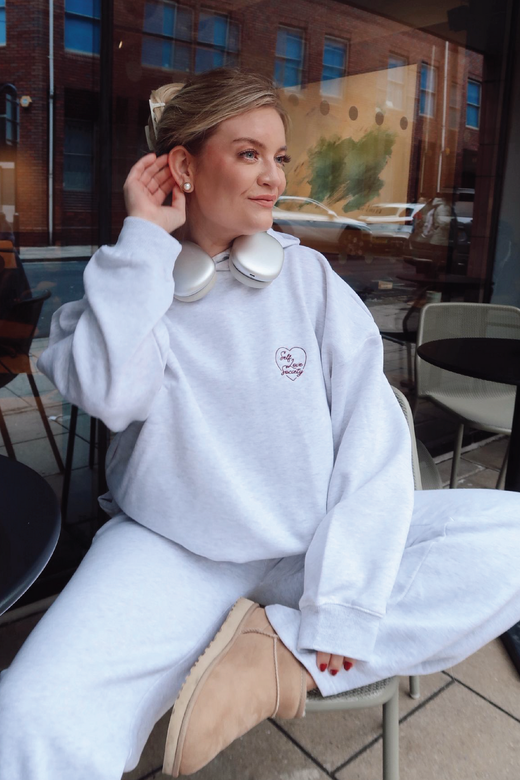 SELF LOVE SOCIETY HEART MARL GREY & BURGUNDY EMBROIDERED HOODIE