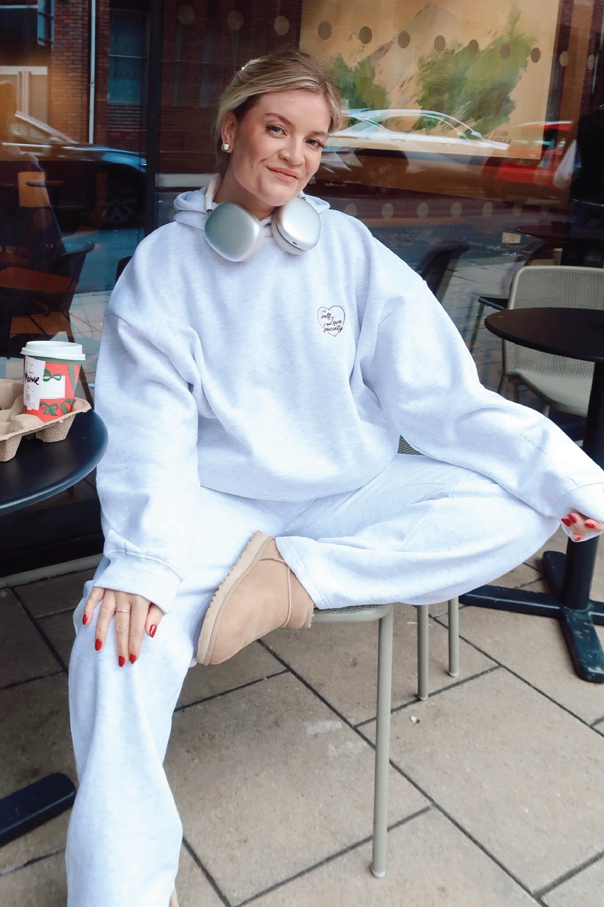 SELF LOVE SOCIETY HEART MARL GREY & BURGUNDY EMBROIDERED HOODIE