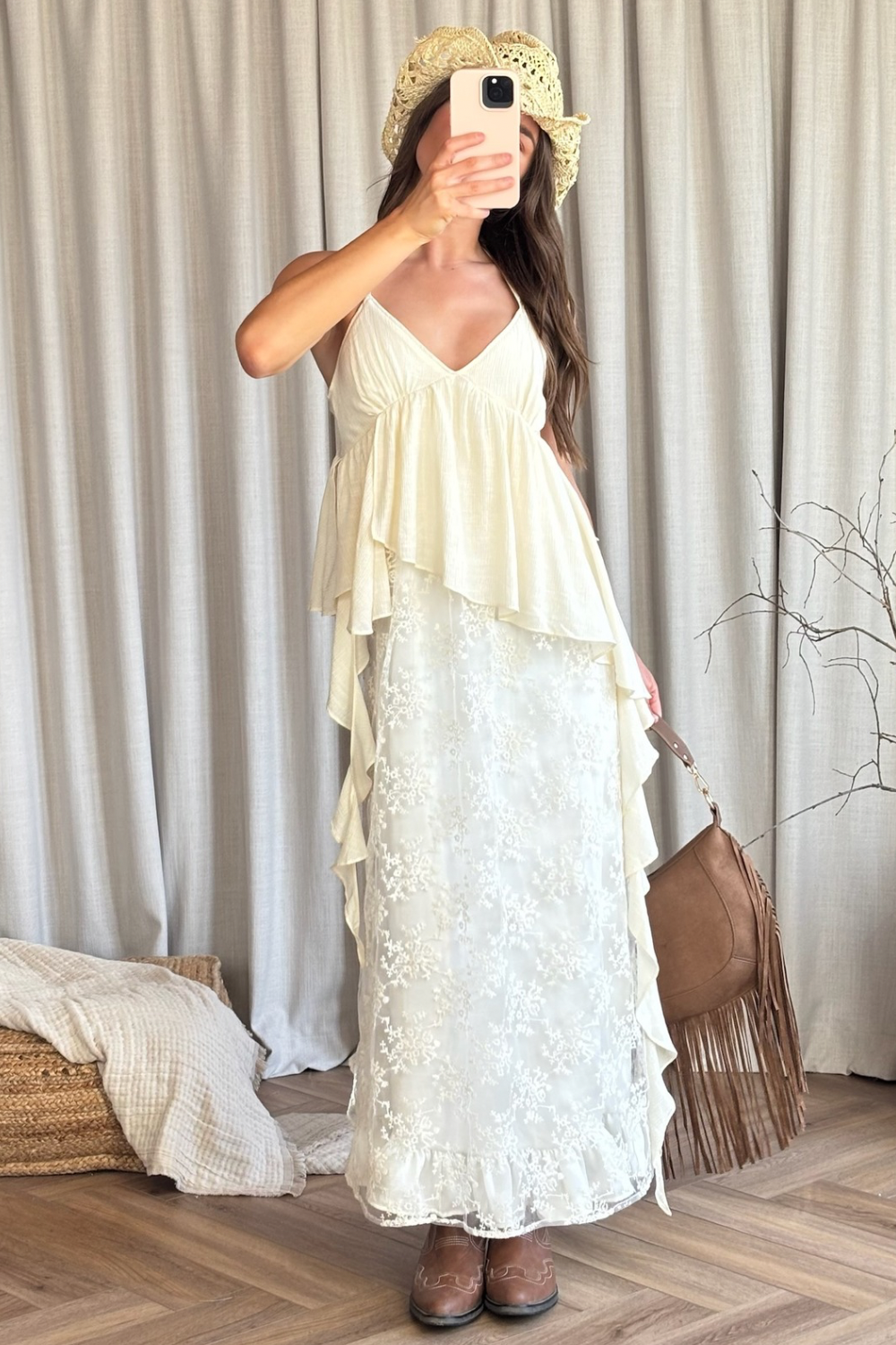 Lola beige V-neck lace maxi dress