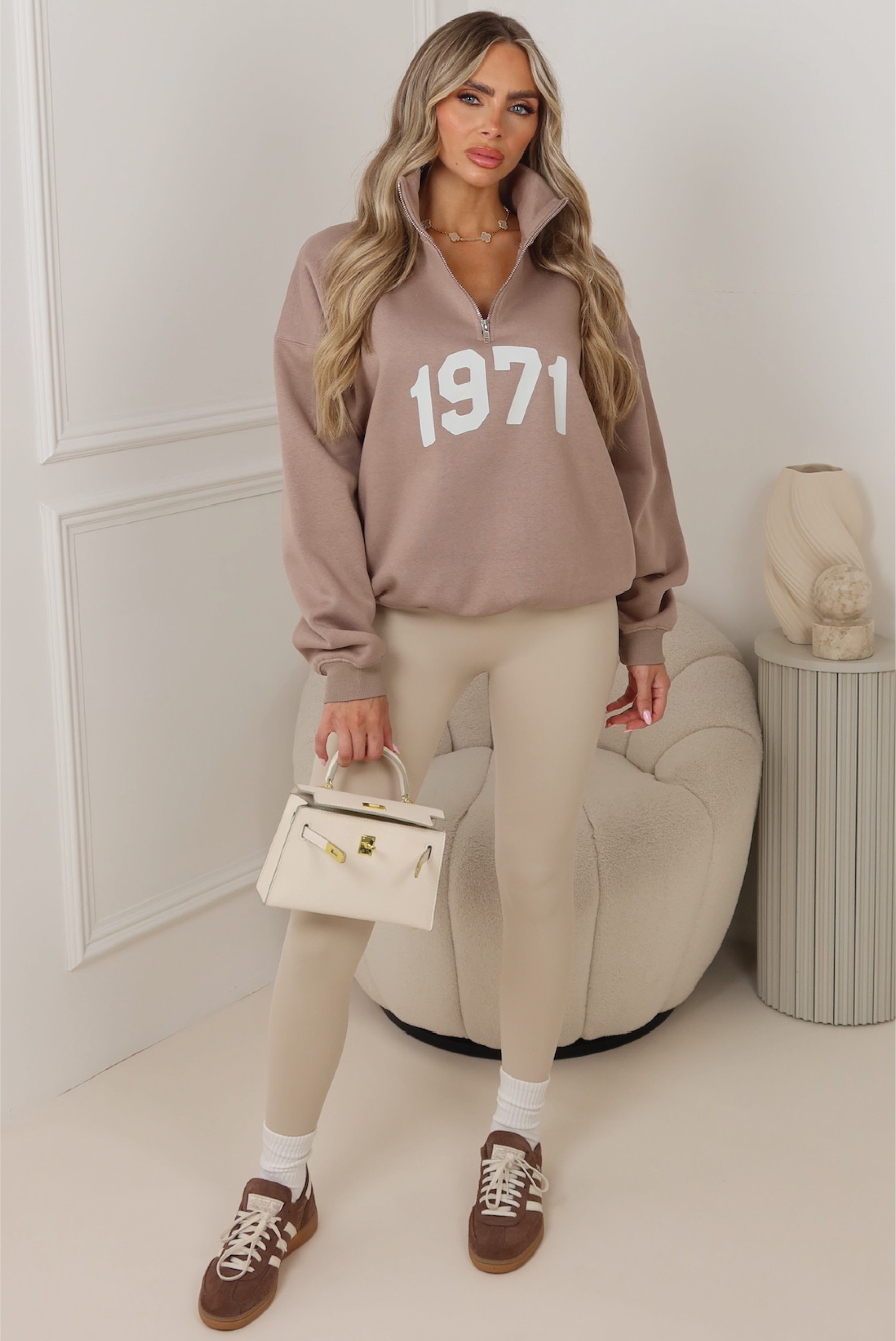 1971 mocha printed 3/4 zip sweater legging set