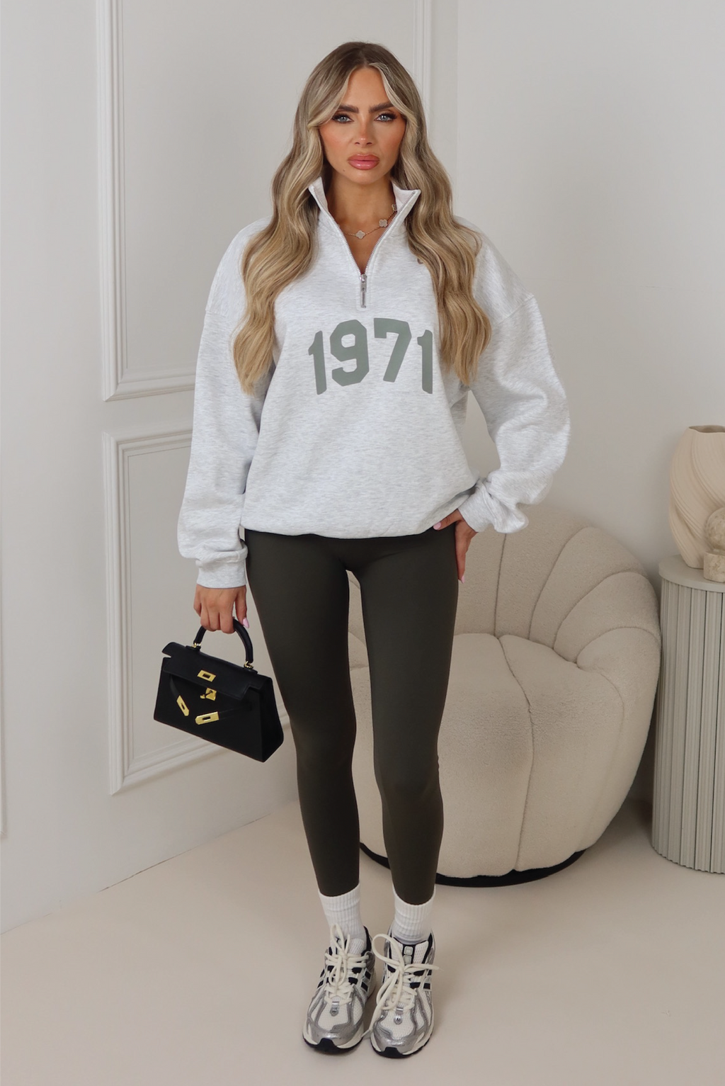 1971 light marl printed 3/4 zip sweater legging set