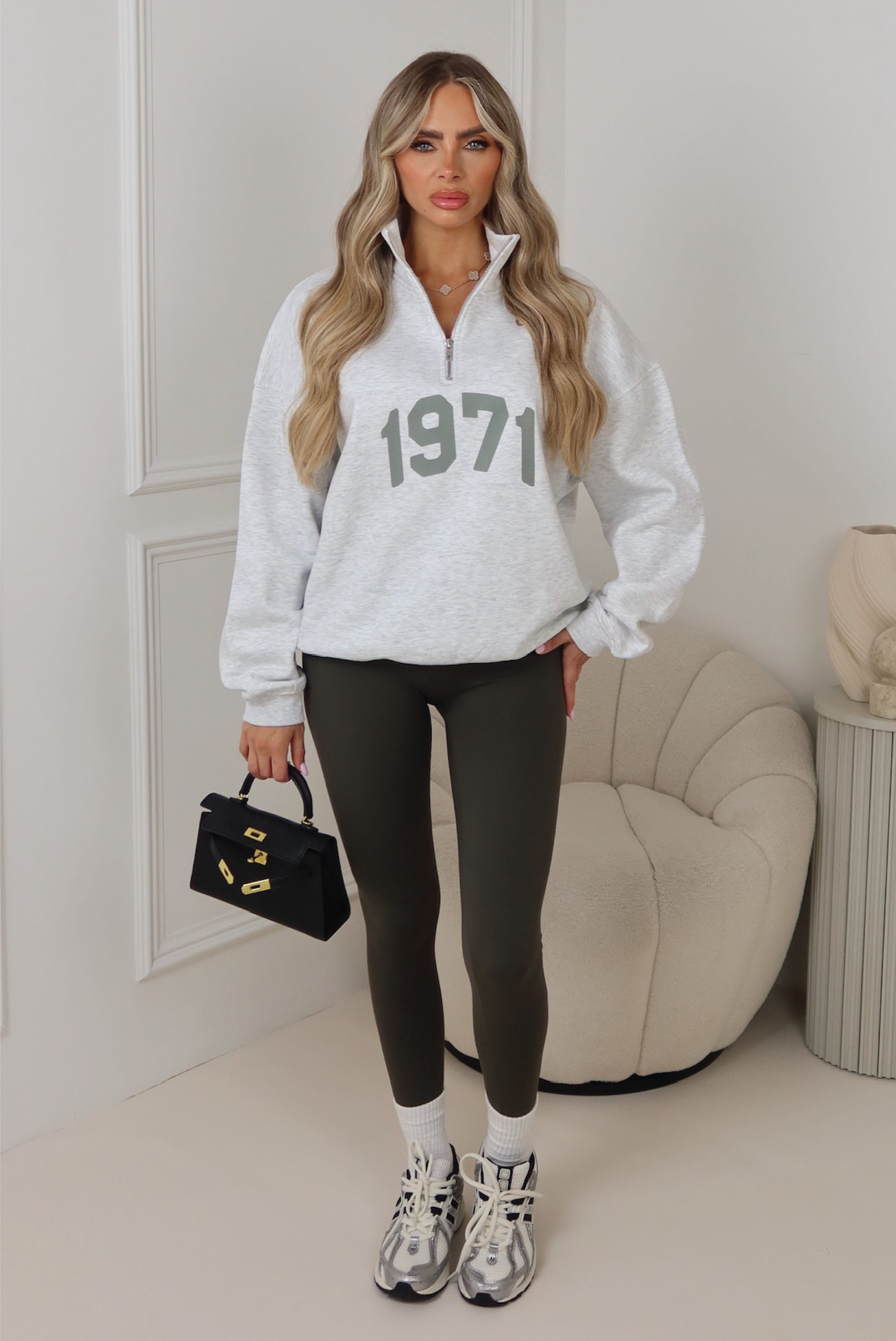 1971 light marl printed 3/4 zip sweater legging set