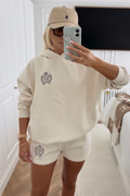 St Moritz ivory & taupe embroidered oversized hoodie shorts loungewear