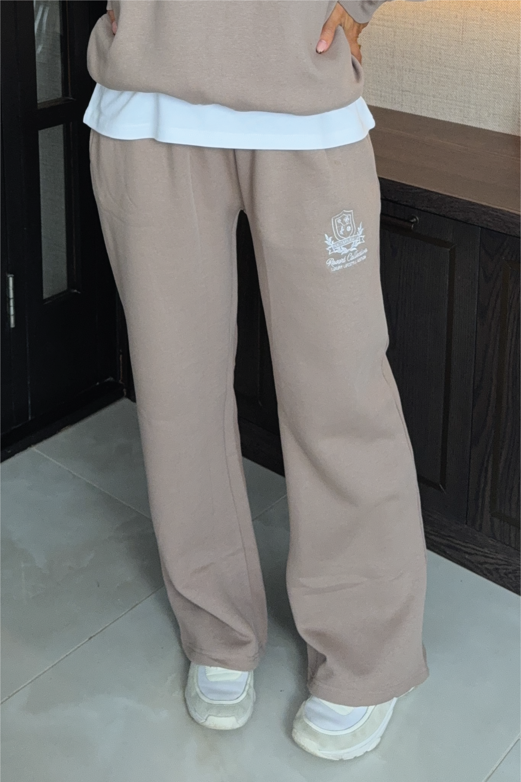 RESORT COLLECTIVE EMBROIDERED MOCHA STRAIGHT LEG JOGGER