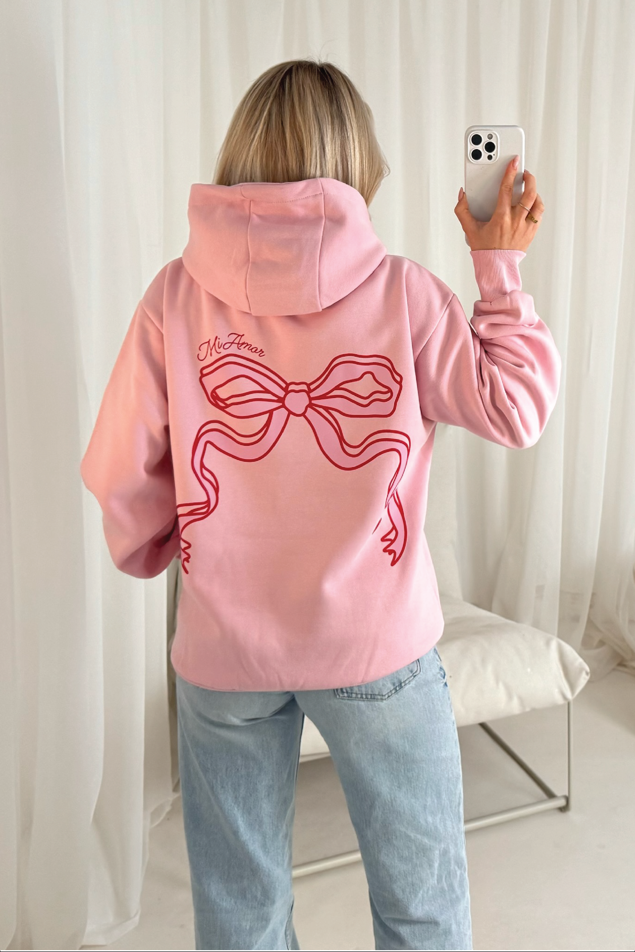 Bow printed pink hoodie