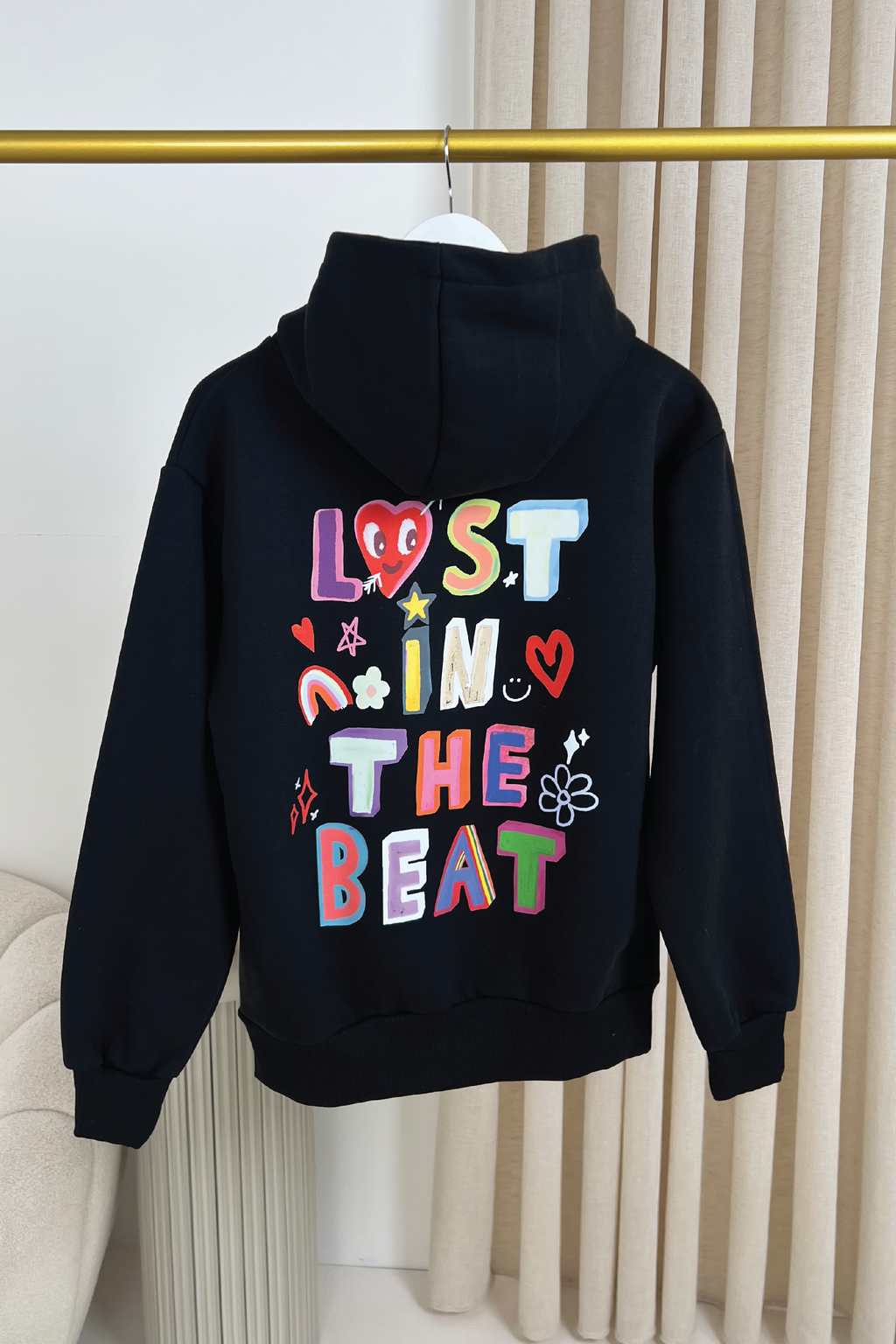Lost in the beat black printed premium hoodie