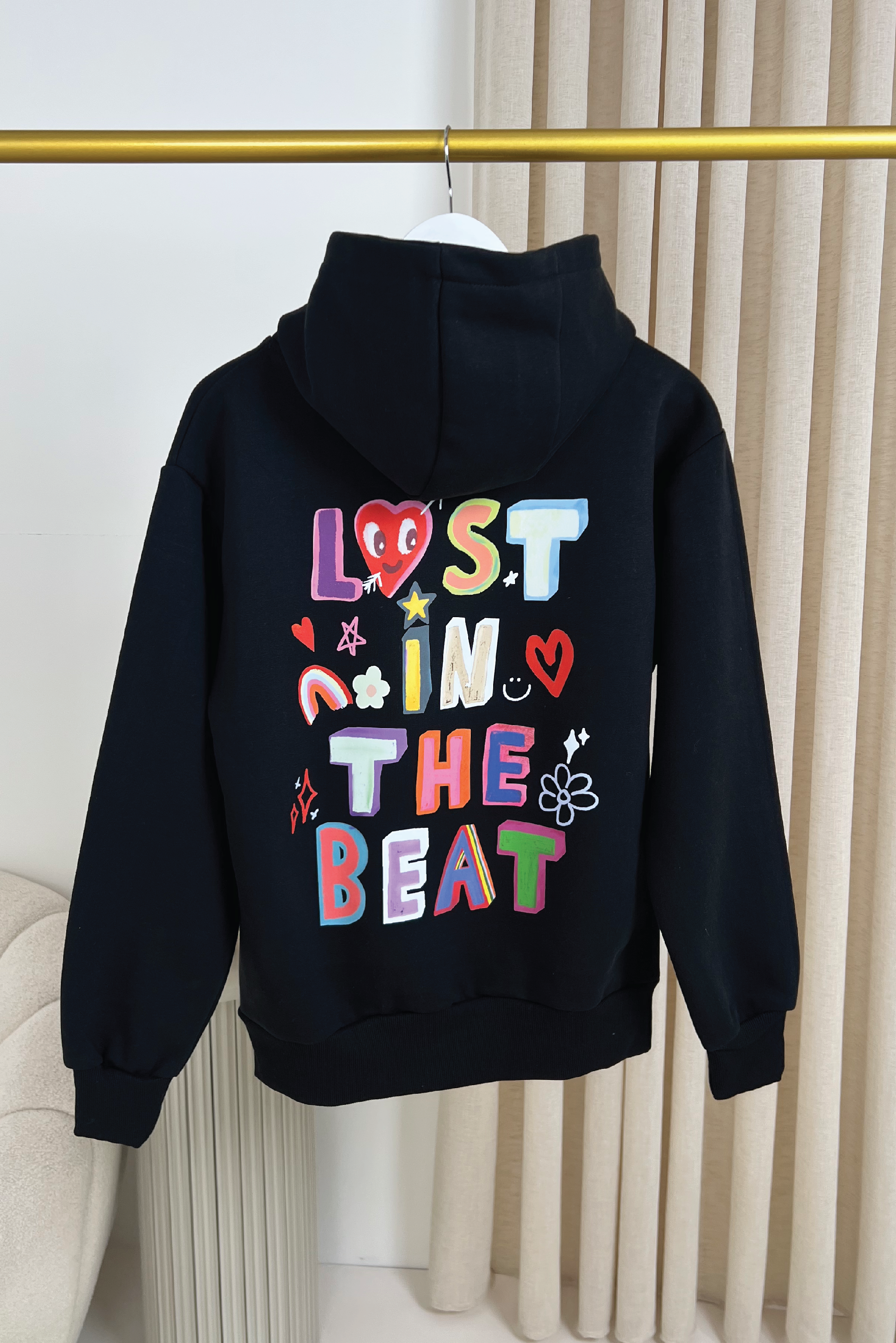 Lost in the beat black printed premium hoodie