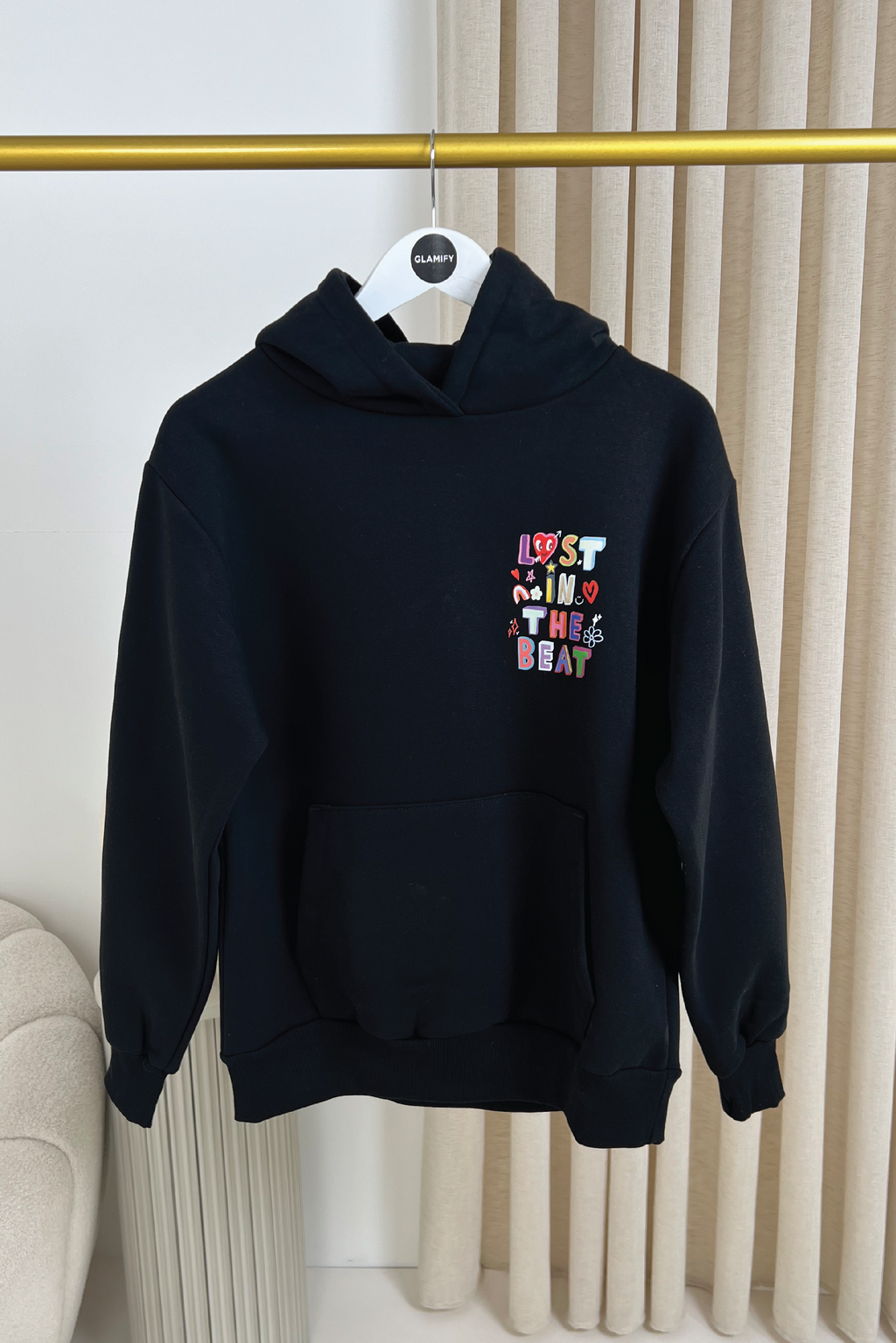 Lost in the beat black printed premium hoodie