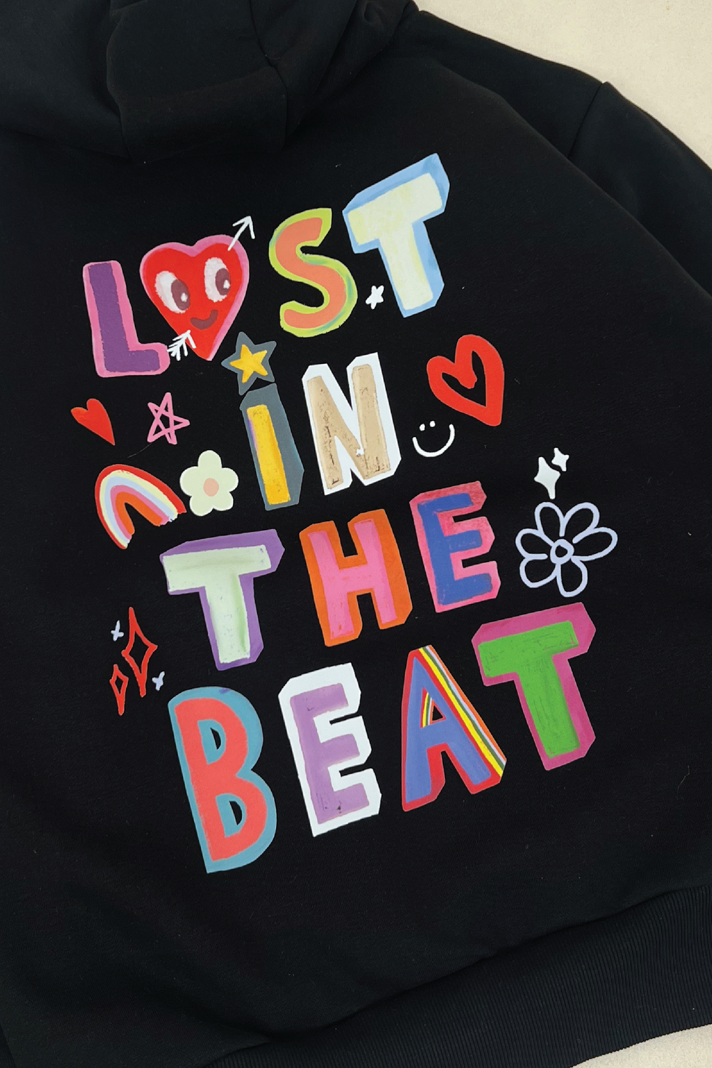 Lost in the beat black printed premium hoodie