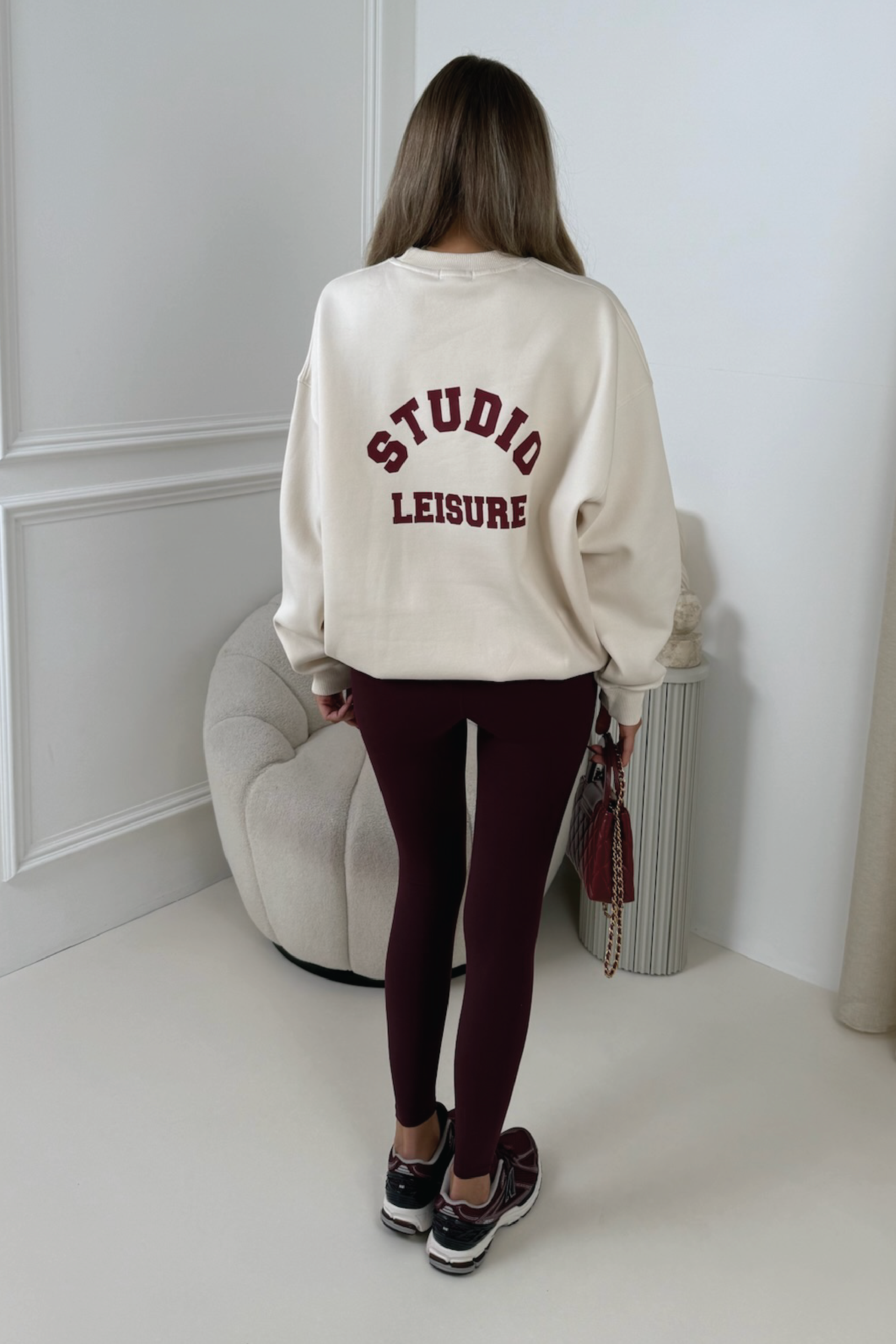 Studio leisure ivory & burgundy printed sweater and legging set
