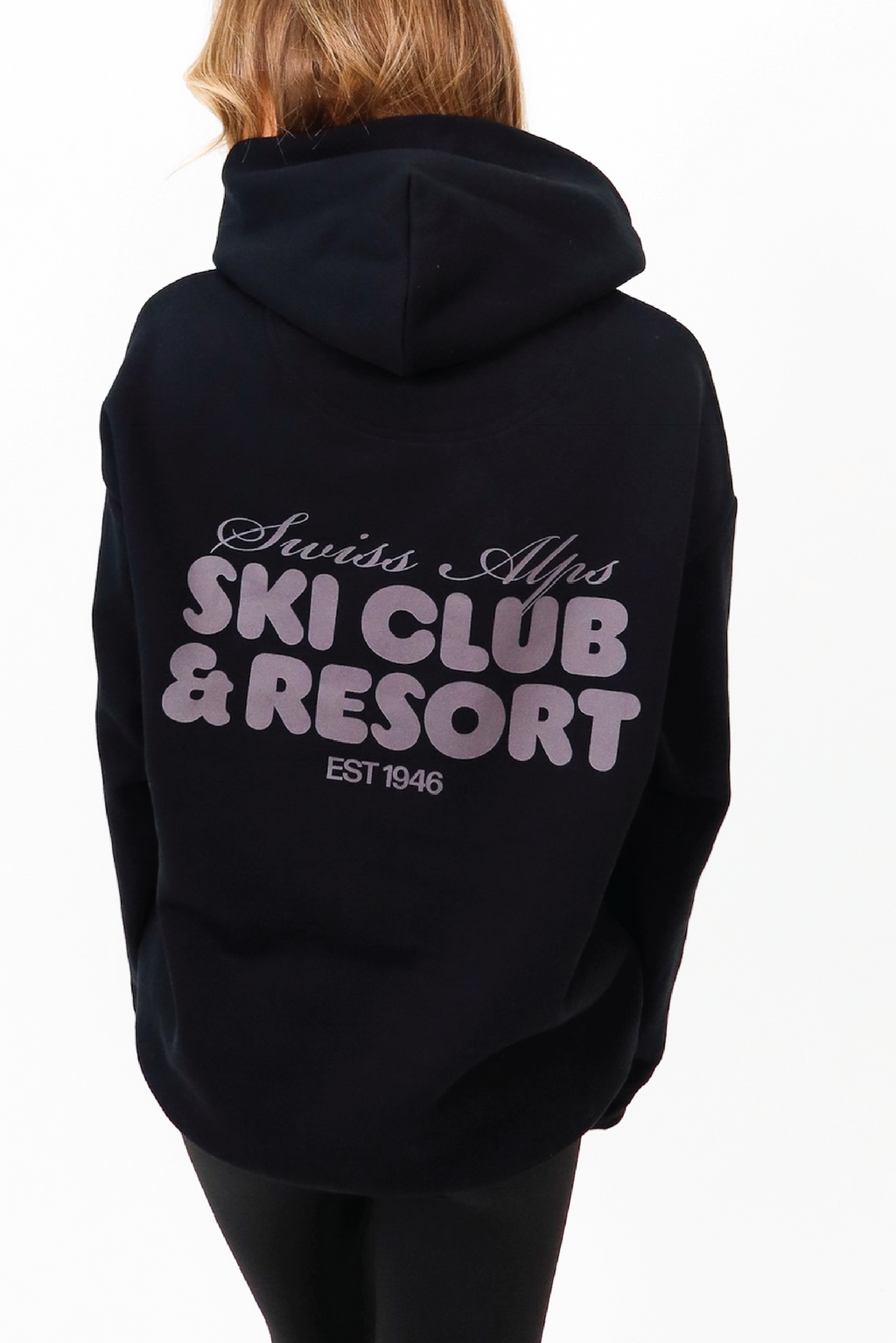 Ski club black printed premium relaxed hoodie