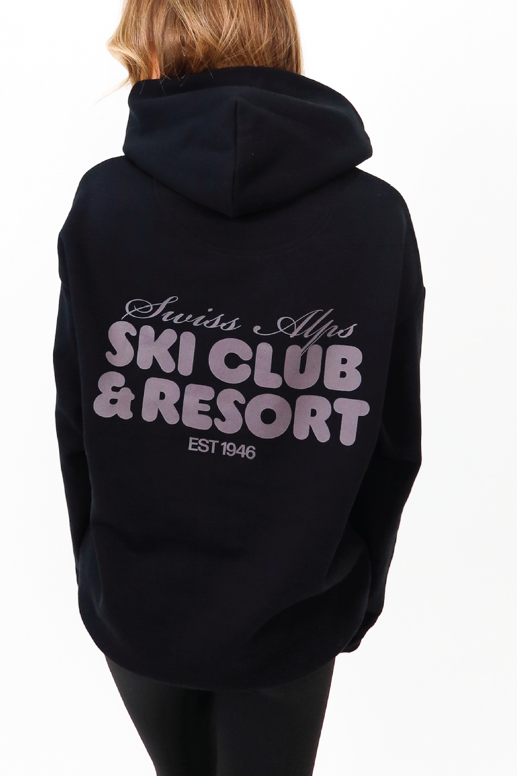 Ski club black printed premium relaxed hoodie