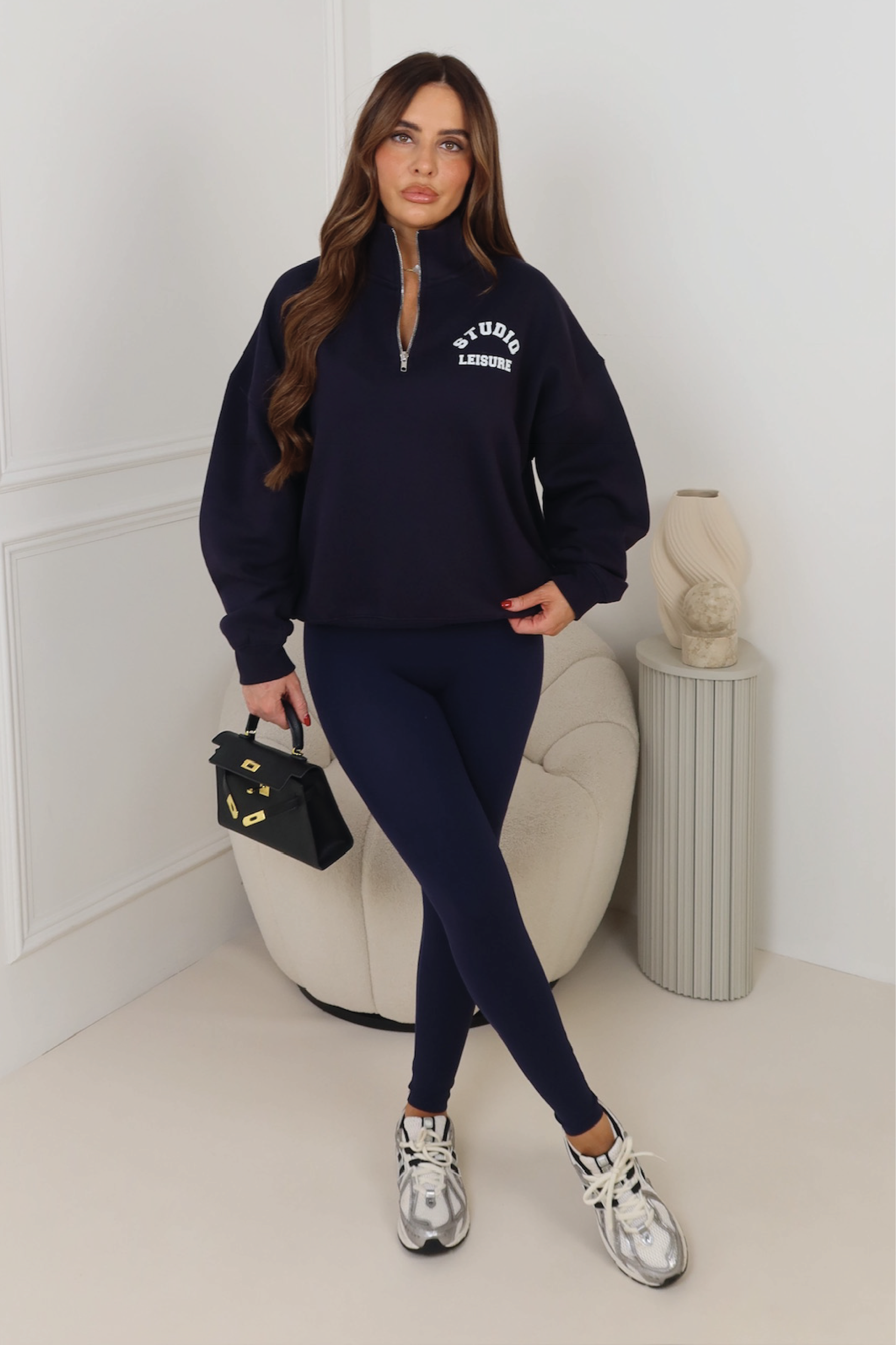 Studio Leisure navy printed 3/4 zip sweater legging set