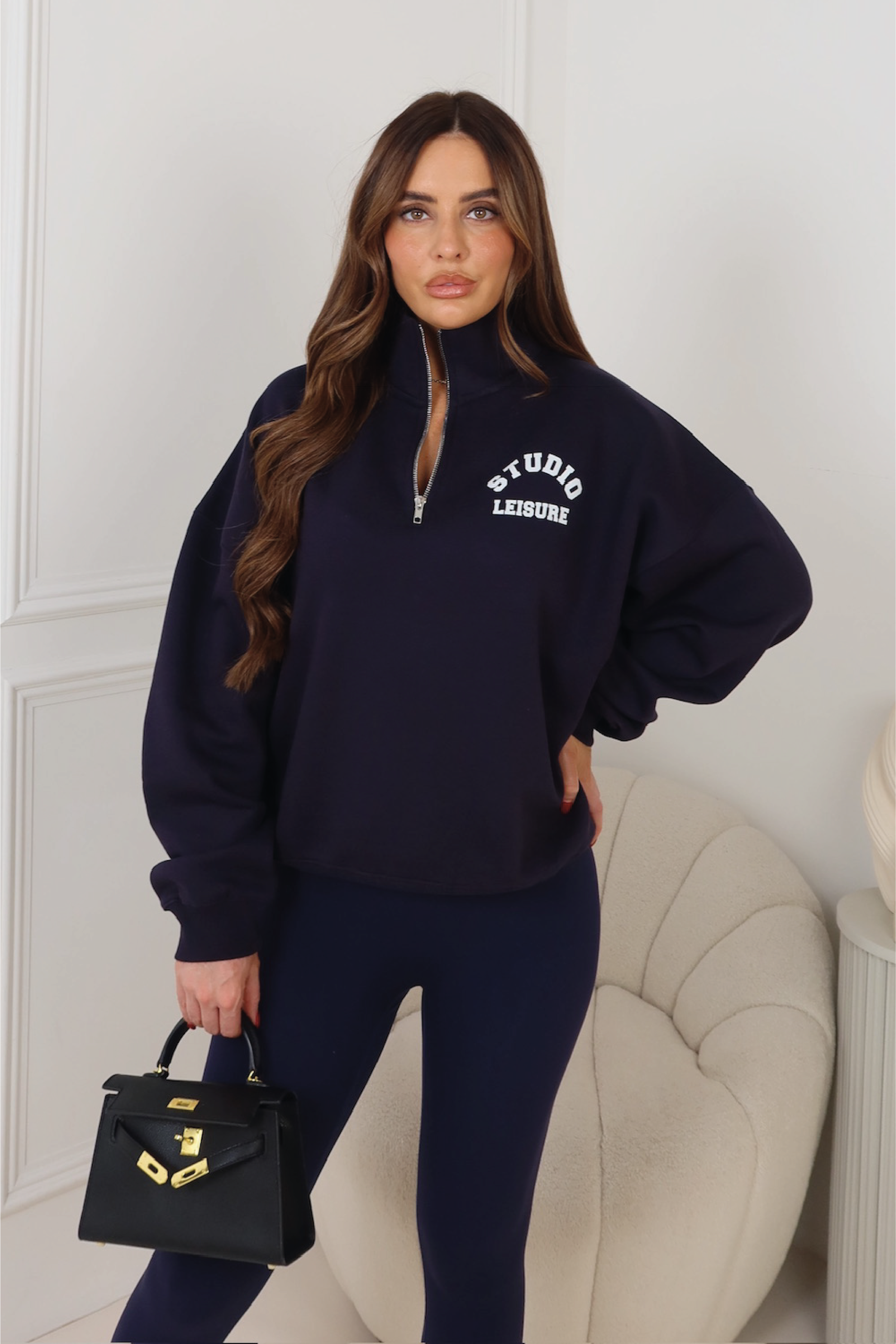 Studio Leisure navy printed 3/4 zip sweater legging set