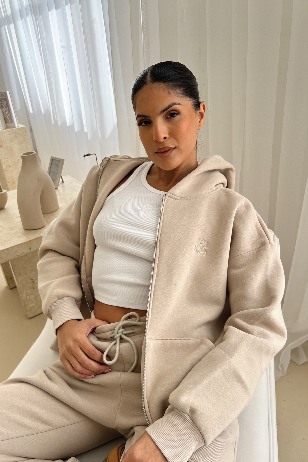 Stone embroidered logo zip hoodie