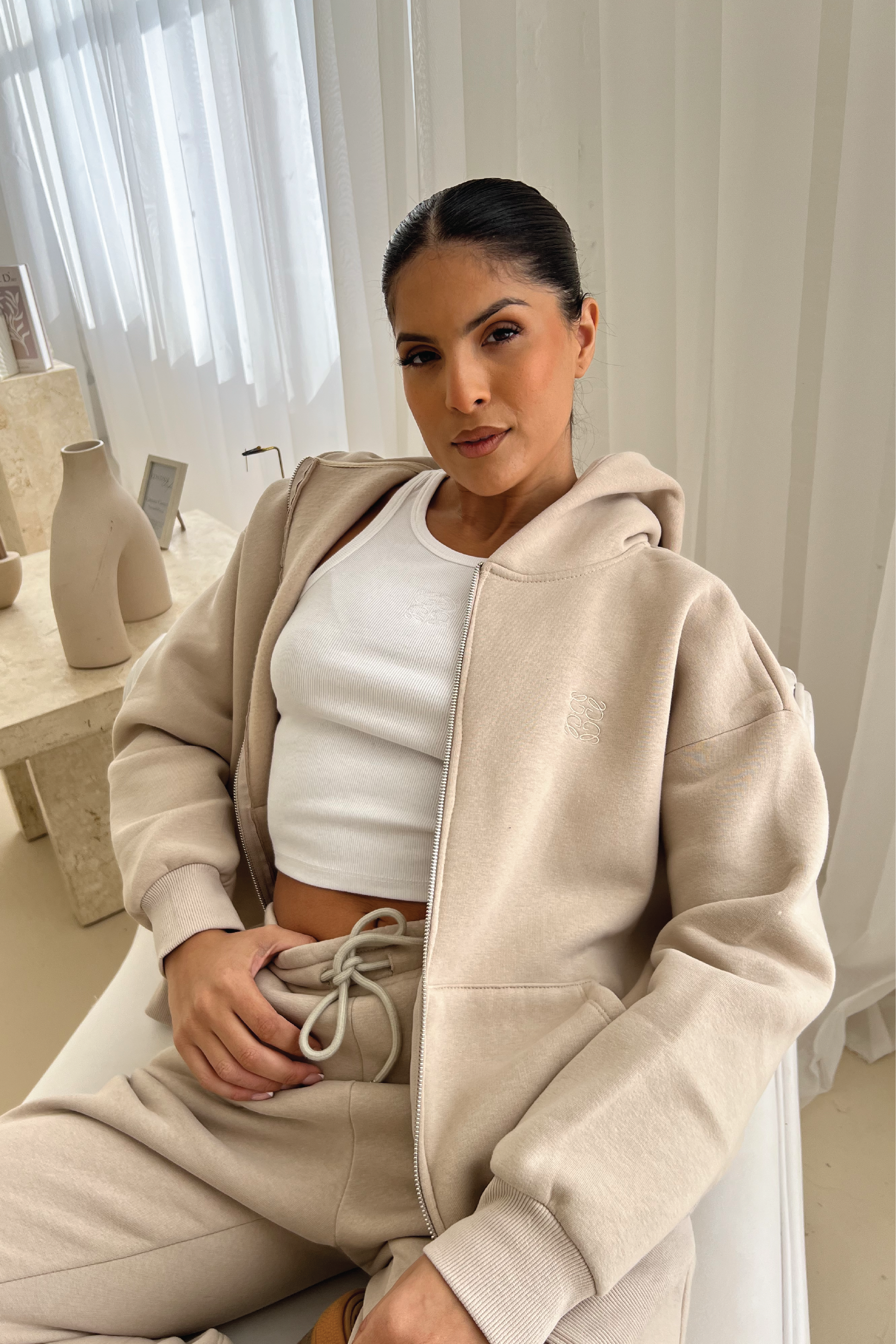 Stone embroidered logo zip hoodie