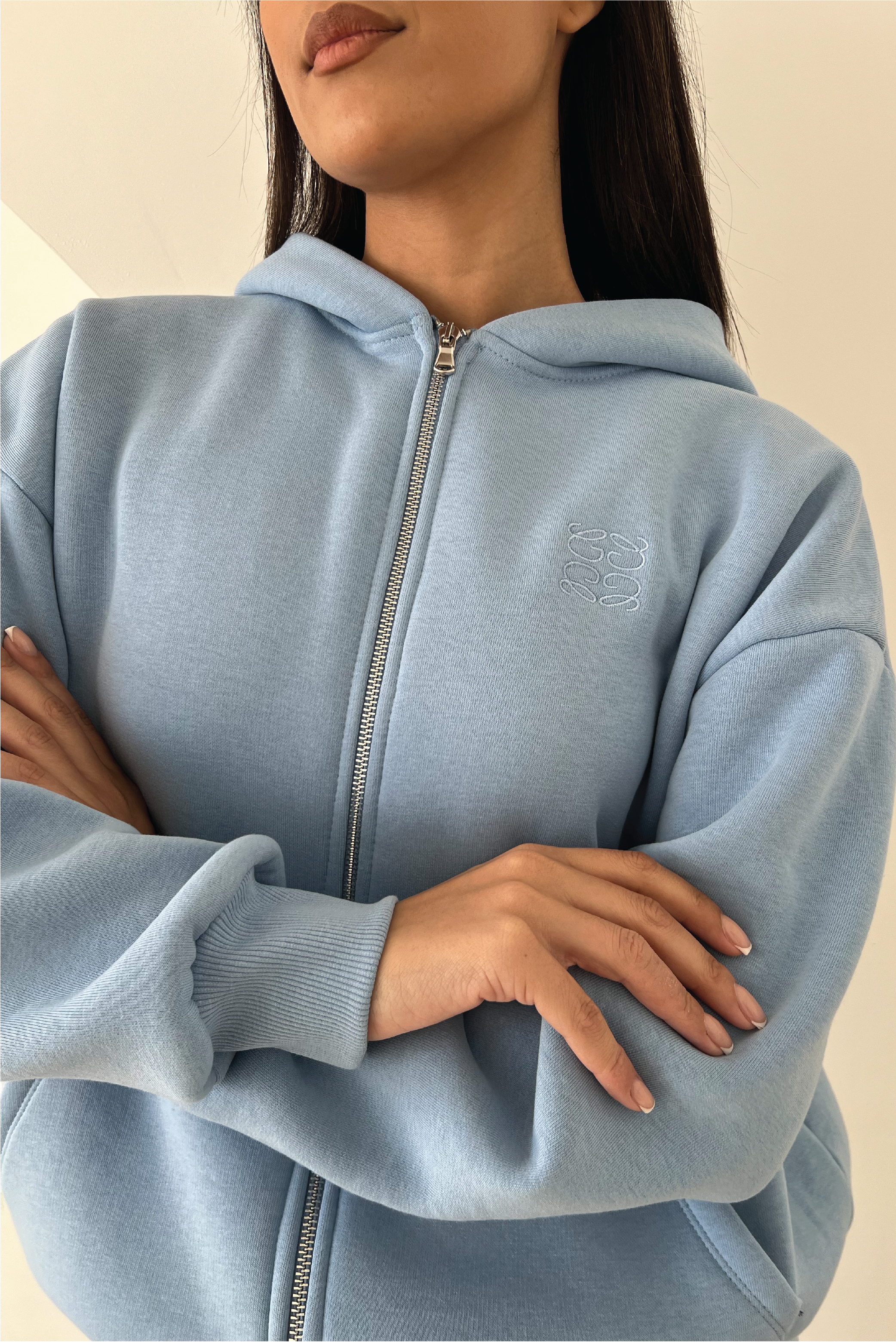 Blue embroidered logo zip hoodie